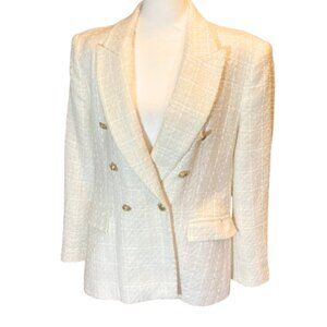 Zara Blazer Textured Double Breasted Cream White Tweed Gold Buttons Lined, sz XL
